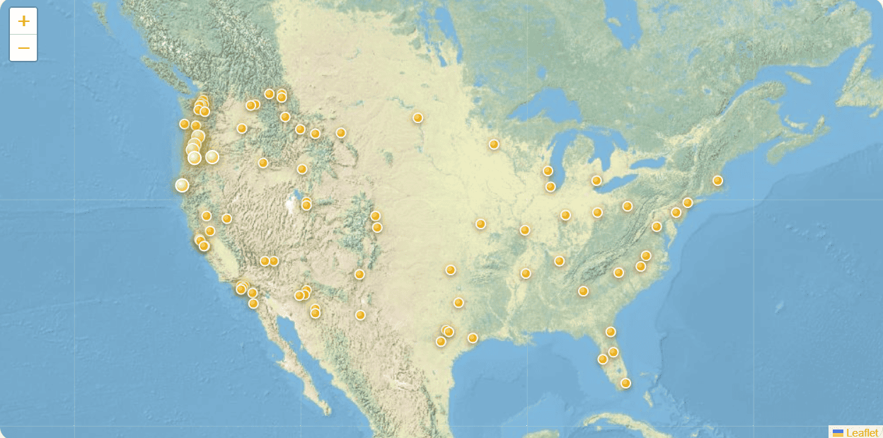 Map showing Cal's Moving and Storage interstate destinations across the United States